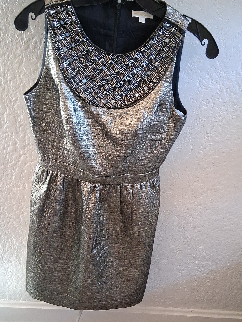 Shoshanna Metallic Silver Sleeveless Beaded Yoke Mini Dress With Pockets